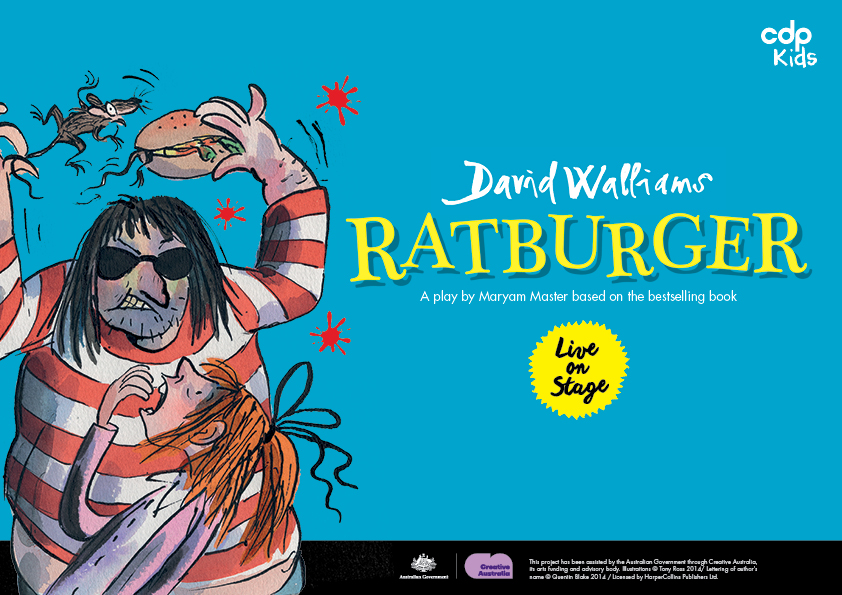 An illustration of a man holding a mouse and a burger, from the bestselling book Ratburger 