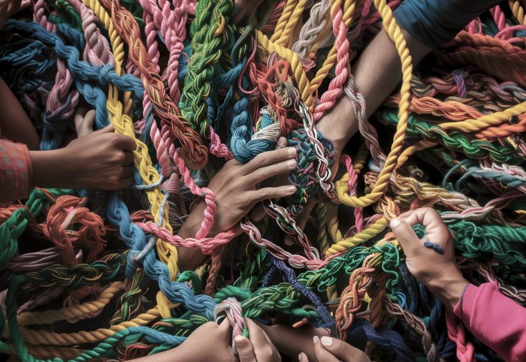 hands reaching into the centre of the image to clasp different coloured ropes