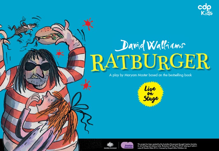 An illustration of a man holding a mouse and a burger, from the bestselling book Ratburger 